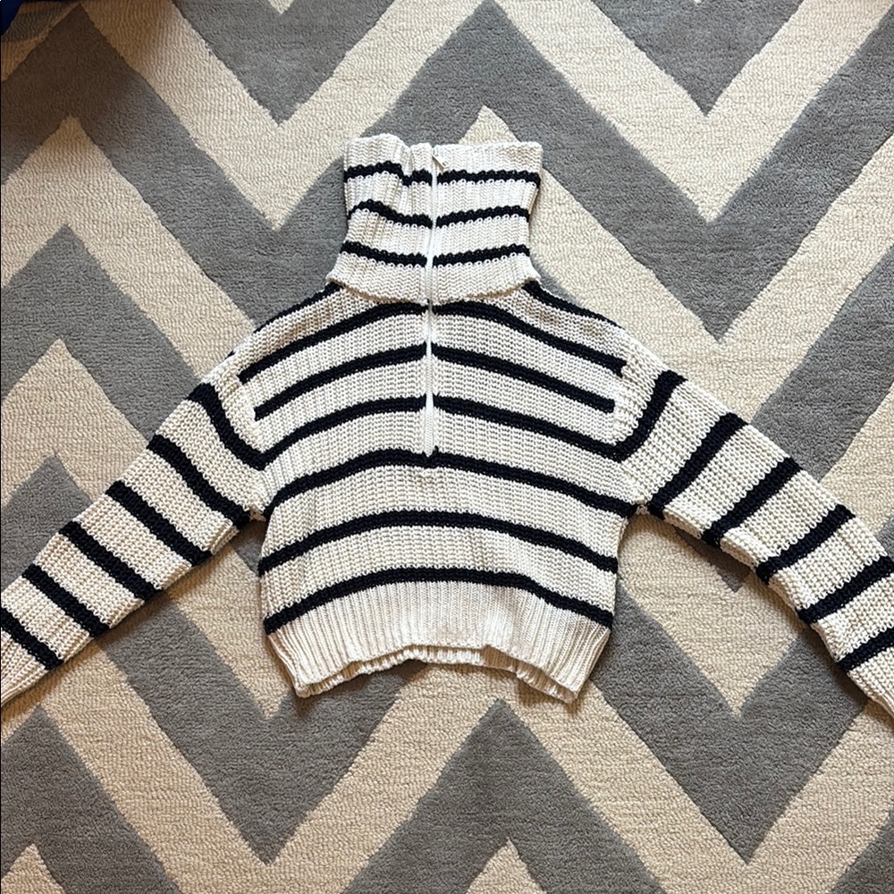 American Eagle Striped Crochet Cropped Quarter Zip Sweater